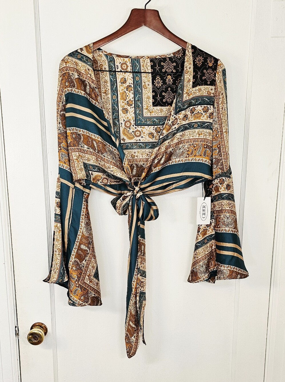 Cider Paisley Bell Sleeve Silky Crop Top